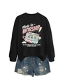 Flat lay of black Made to Worship sweatshirt with retro tape print and denim shorts - S / Black