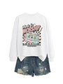 Detail of white sweatshirt with vintage tape print and distressed blue denim shorts - S / White
