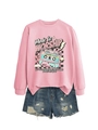 Flat lay of pink sweatshirt with vintage cassette print and blue distressed denim shorts - S / Pink