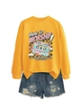 Detail of yellow crewneck sweatshirt with retro Made to Worship graphic and denim shorts - S / Yellow