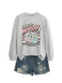 Detail of grey sweatshirt with vintage tape print and distressed denim shorts - S / Gray