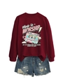 Flat lay of maroon pullover with retro cassette print and distressed denim shorts - S / Burgundy