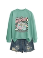 Detail of vintage mint green sweatshirt with psalms print and ripped denim shorts - S / Light Green