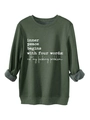 Detail view of dark green fleece sweatshirt showing soft inner texture and slogan print - S / Army Green