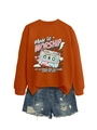 Detail of orange sweatshirt with vintage tape print and distressed denim shorts - S / Burnt Orange