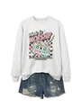 Flat lay of gray sweatshirt with vintage cassette graphic and distressed denim shorts - S / Off-White