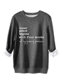 Detail view of thick white fleece lining and slogan print on a charcoal grey sweatshirt - S / Dark Gray