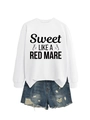 Close-up of white crewneck sweatshirt with Sweet Like a Red Mare print and ripped denim shorts - White (Black Font)