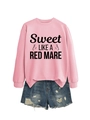 Detail of pink crewneck sweatshirt with horse graphic and sweet like a red mare text - Pink (Black Text)