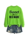 Detail of neon green crewneck sweatshirt with black letter print and horse graphic - Neon Green (Black Font)
