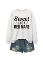 Detail of grey crewneck sweatshirt with horse graphic and distressed denim shorts set - Off-White (Black Font)