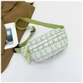 Detailed top view of green checkered tweed waist bag with adjustable strap and zip - Green