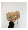 Beige gesteppte Umhängetasche mit goldener Kette und Rauten-Stickerei für Damen - Khaki