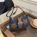 Bolso de mezclilla con estrellas marrones y hebilla metálica de estilo retro Y2K - Azul