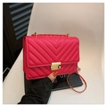 Fuchsia V-quilted flap bag with gold push-lock buckle and metal chain shoulder strap - Rose Red