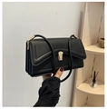 Close-up of black leather underarm bag with gold metal clasp and accordion side design - Black