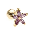 Roze zirkonia bloem oorknopje met goudkleurige afwerking en schroefsluiting - Paarse bloem met vijf bladeren (EGD0260) / 18K goud