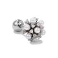 Detailed macro view of silver cluster stud earrings with white pearls and zircons - Flower Cluster Pearl Style (EGD0112)