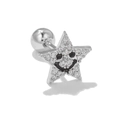 Close-up of silver star stud earring with white zircon and black enamel smiley face - Pave Smiley Star Style (EGD0608 White Gold Plated)