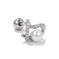 Elegant silver stainless steel bow earring with white pearl and micro-pave crystals - Curved Pave Zircon Pearl Style (EGD0098)