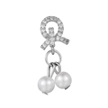 Silver bow stud earrings with sparkling rhinestones and white pearl cherry-shaped pendants - Cherry Pearl Drop Style (EGD0114)