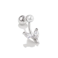 Silver leaf cartilage stud with clear zircons and a small pearl decoration - Pearl Leaf Style (EGD0385) / Silver
