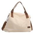 Grande borsa tote in tela beige con manici marroni e tracolla regolabile rimovibile - Bianco Sporco