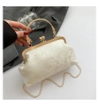 Beige bloemen jacquard tas met gouden frame en reliëf handvat voor dames - Wit