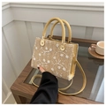 Straw tote bag with white floral embroidery and yellow leather handles for women - Khaki
