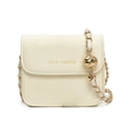 Chic beige mini square crossbody bag with gold chain strap and adjustable ball charm - White