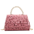 Pink sequin mini handbag with pearl handle and golden chain strap in a sweet style - Pink