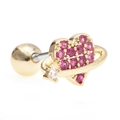 Golden heart ear stud with pink zircon and planetary ring feature and screw ball back - Pink Zirconia Heart Planet Style (EGD0277) / Gold