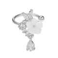 Close-up of a silver flower ear clip with white petals, zircon accents and a drop pendant - Shell Flower Water Drop Style(EGJ0049) / Silver