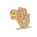Macro shot of gold Hamsa hand stud earring with micro-paved zircons and screw back - Gold