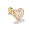 Close-up of golden heart earring with white pearls, zircons and screw back detail - Heart Pearl Inlaid Style (EGD0519) / Gold