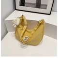 Yellow nylon hobo shoulder bag with Great Smile patch and plush charm for women - Ginger Yellow