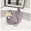 Lavender purple nylon crescent shoulder bag with cute mushroom pendant and smiling patch - Lavender