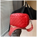 Quilted red crossbody bag with wide geometric strap and silver hardware for women - Red