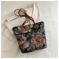 Detailed shot of floral jacquard tote bag with leather handles on a cream blazer - Black