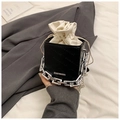 Black bucket bag with white drawstring liner and chunky silver metal chain handle - Black