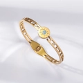Gold stainless steel evil eye bangle with blue enamel and sparkling cubic zirconia crystals - Evil Eye Rectangular Hollow Style (TT0857)