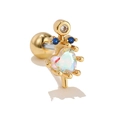 Goldenes Barbell-Ohrring mit schillerndem Herz-Edelstein und blauen Zirkon-Details - Herz-Kronen-Stil (EGD0461)