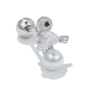 Macro view of bird-shaped ear stud with zircon wings, pearls, and screw back design - Pearl Bird Style (EGD0092) / Silver