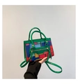 Mini multi-color geometric tote bag with bright green handles and gold hardware - Green