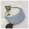 Detail of light blue crescent bag with white contrast stitching and silver metal buckle - Blue