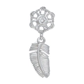 Detailed view of silver feather pendant with zircon stone and woven flower design - Hollow Flower Feather Style (EGD0111) / Silver