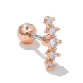 Detailed view of curved rose gold ear stud with five sparkling zircon stones and ball back - Curved Row Zircon Style (EGD0116) / Rose Gold