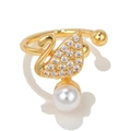 Golden swan earring with sparkling zircons and a white round pearl drop on white back - Elegant Swan Style(EGJ0047) / Gold