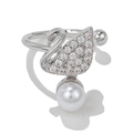 Adjustable silver ring featuring a swan design with sparkling crystals and a pearl - Elegant Swan Style(EGJ0047) / Silver