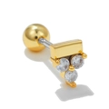 Macro view of gold stainless steel stud featuring a bar and triple cubic zirconia stones - Geometric Three Diamonds Gold (EGD0735)